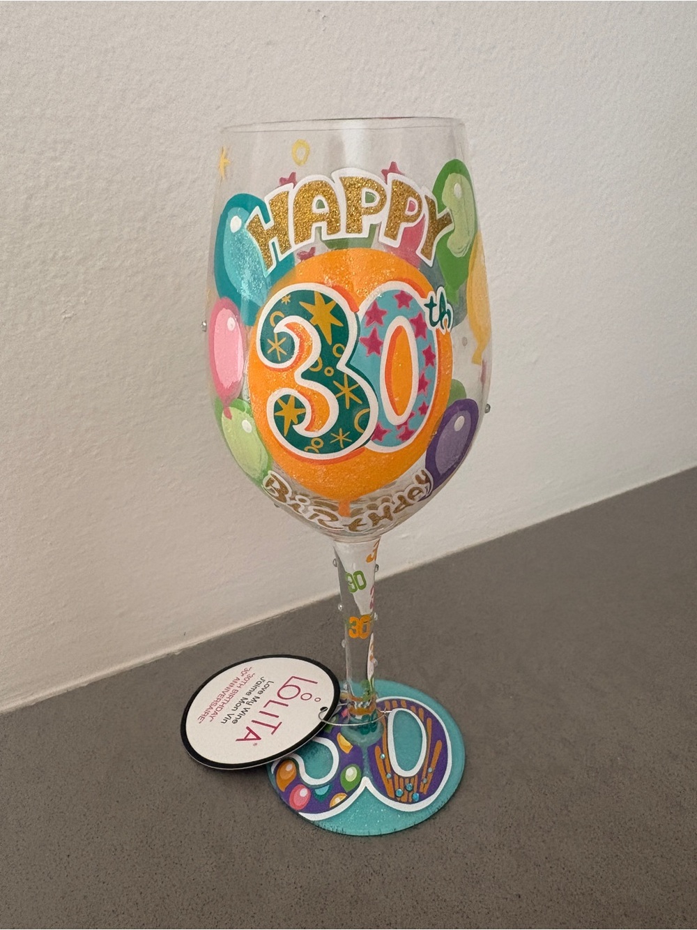 Lolita Multicolor "Happy 30th Birthday" Hand-Painted Wine Glass